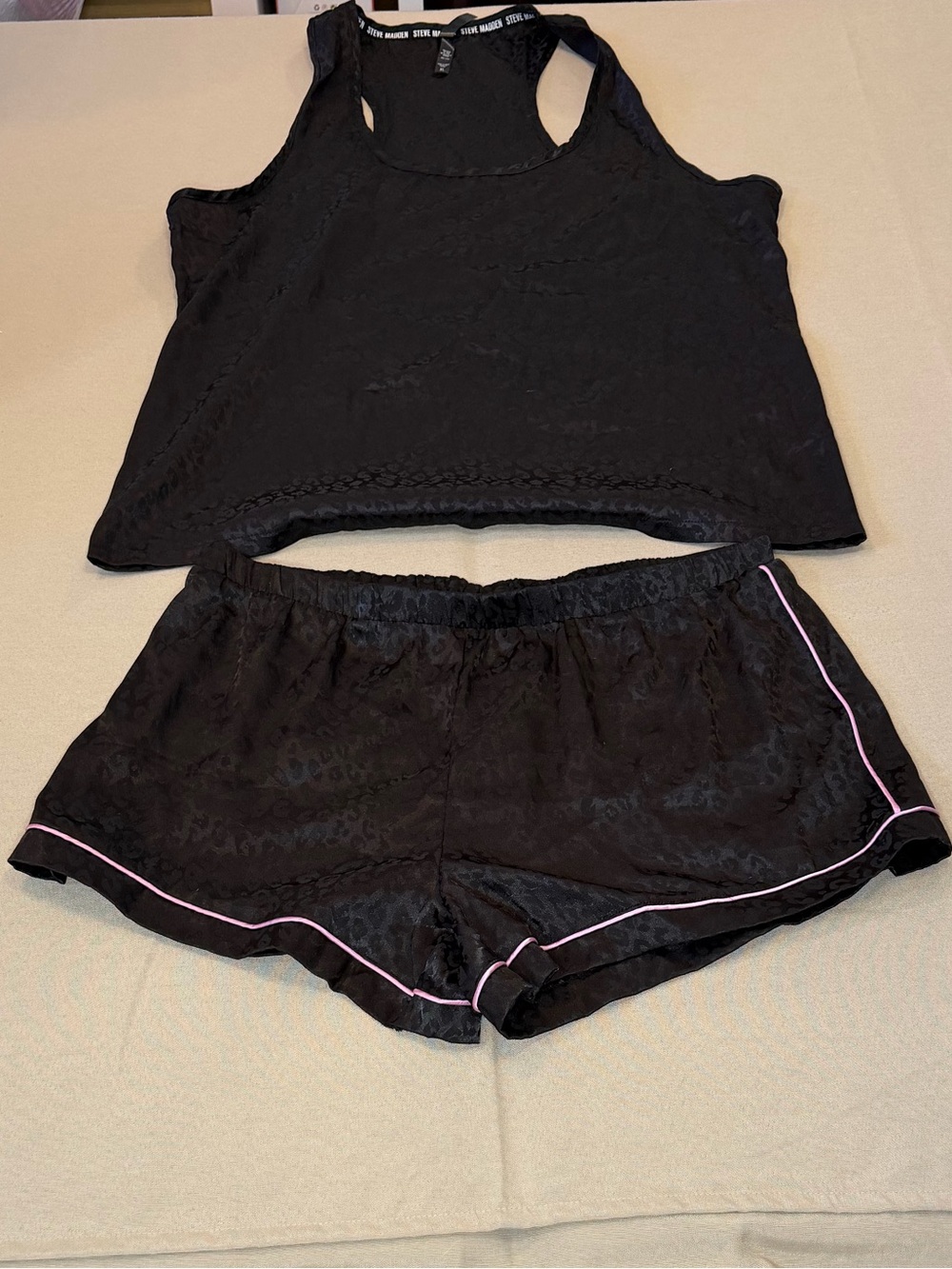 Steve Madden Black Lace Racerback Tank & Shorts Pajama Set with Pink Piping